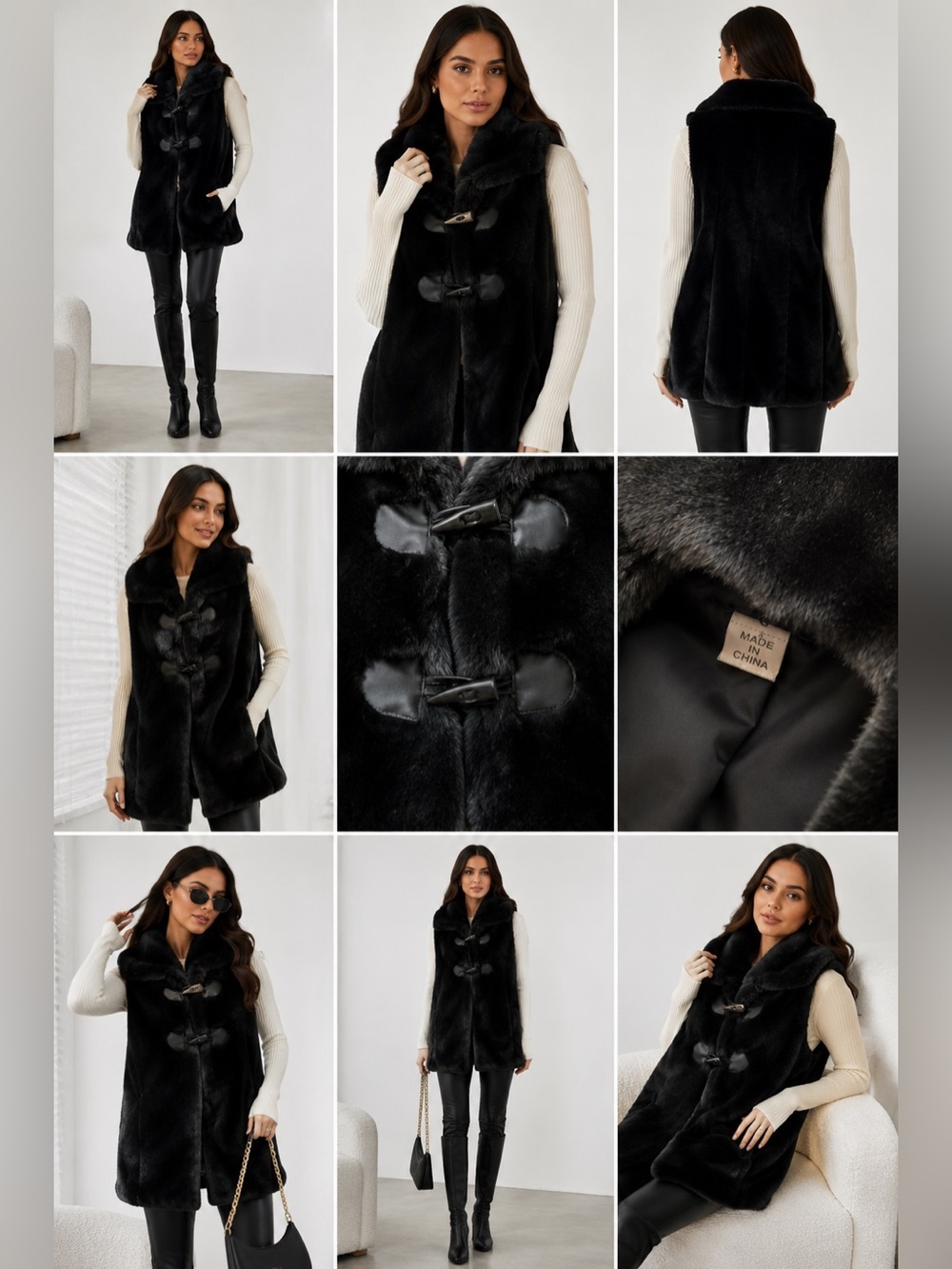 Black Plush Faux Fur Teddy Vest Jacket Sleeveless Toggle Closure Cozy Winter